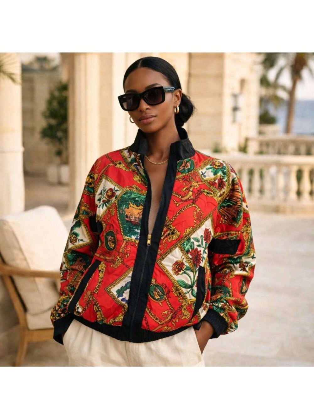 Vintage Swell Silk Bomber Jacket Red Baroque Scarf Print Retro Surf L